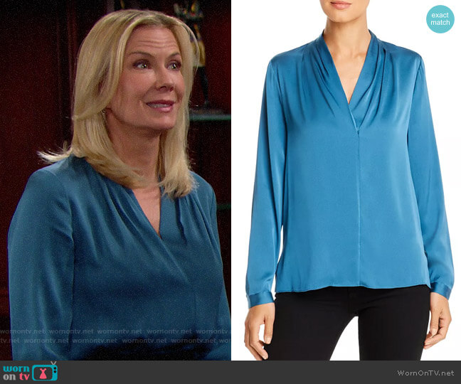 Kobi Halperin Nellie Silk-Blend Pleated Blouse in Topaz worn by Brooke Logan (Katherine Kelly Lang) on The Bold and the Beautiful
