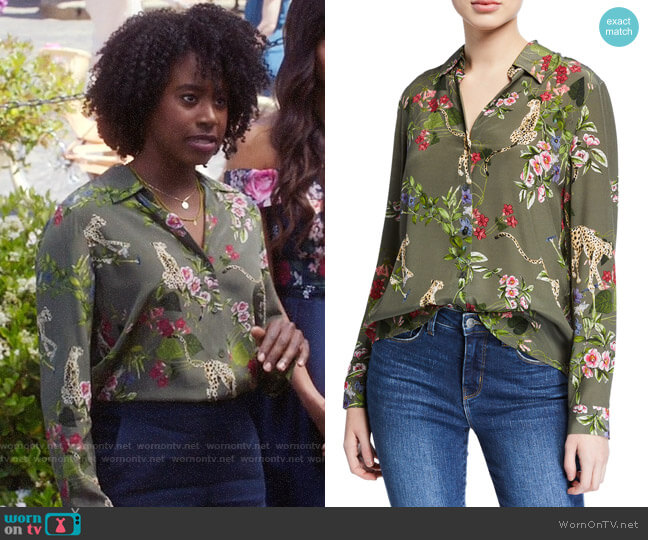 L'Agence Nina Long-Sleeve Cheetah & Floral Silk Blouse worn by Simone Garnett (Kirby Howell-Baptiste) on The Good Place