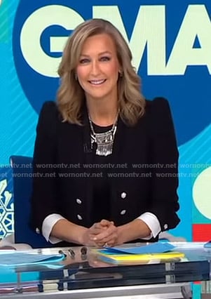 Lara’s black tweed puff shoulder jacket on Good Morning America