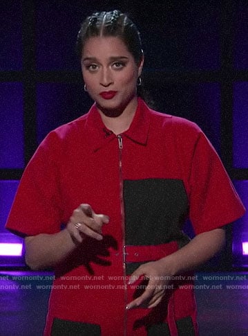 Lilly Singh’s red and black colorblock jumpsuit on A Little Late with Lilly Singh