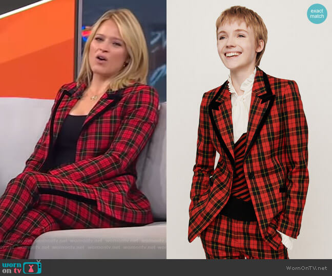 Maje Velvet Piped Plaid Jacket worn by Sara Haines on Good Morning America