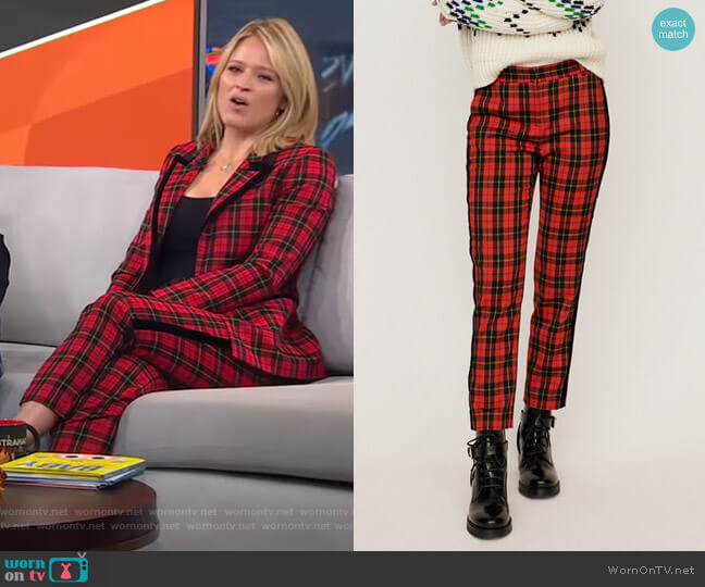 Maje Velvet Piped Plaid Pants worn by Sara Haines on Good Morning America