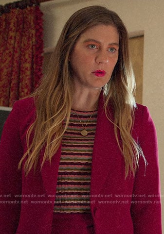 McAfee’s fuchsia pink suit and striped top on The Politician