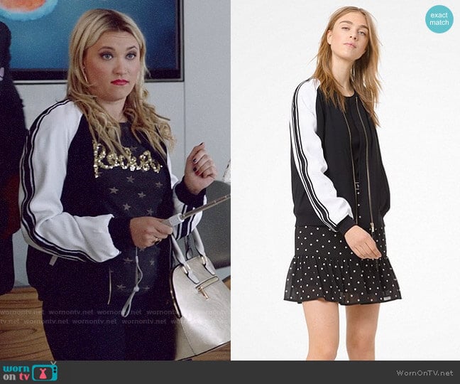 MICHAEL Michael Kors Striped-Sleeve Bomber Jacket worn by Roxy Doyle (Emily Osment) on Almost Family
