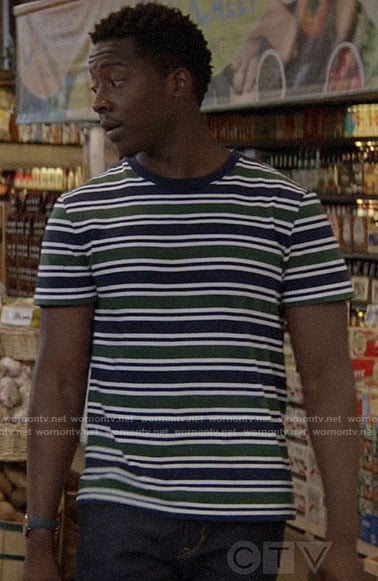 Miles’s green and navy striped t-shirt on God Friended Me