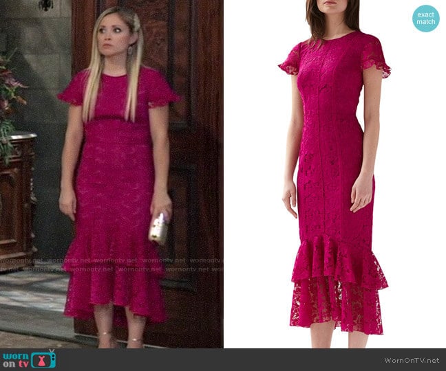 ML Monique Lhuillier Short-Sleeve Tiered Ruffle-Hem Lace Dress worn by Lulu Spencer Falconeri (Emme Rylan) on General Hospital