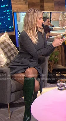 Morgan’s grey ribbed sweater and green boots on E! News Nightly Pop