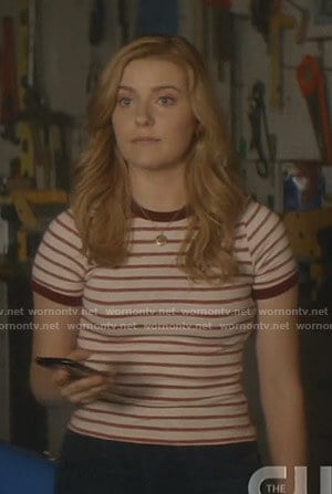 Nancy’s white and red striped ringer tee on Nancy Drew