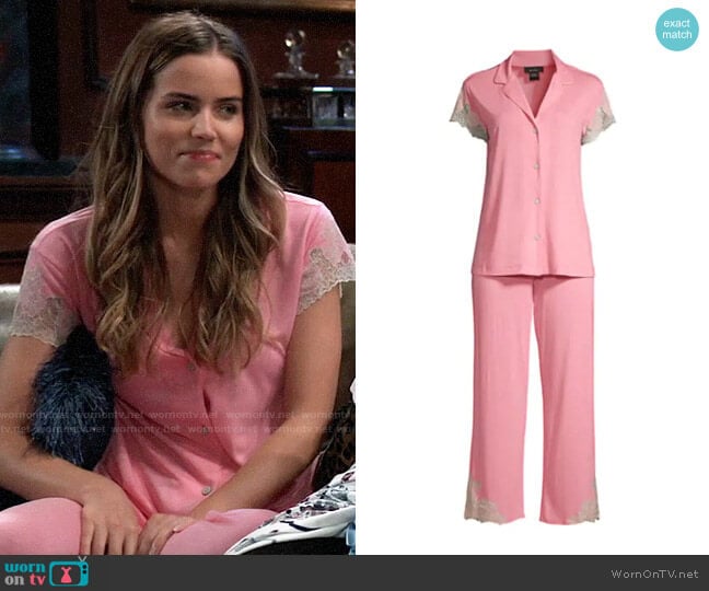 Natori 2-PieceLux Shangrila Pajama Set in Bright Pink worn by Sasha Gilmore (Sofia Mattsson) on General Hospital
