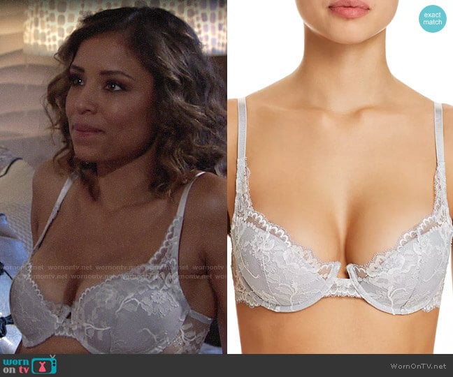 Natori Devotion Lace Contour Underwire Bra in Mink/White worn by Elena Dawson (Brytni Sarpy) on The Young and the Restless