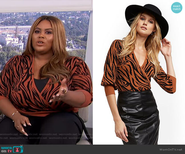 New York & Company Zebra Stripe Wrap Sweater - 7th Avenue worn by Nina Parker on E! News