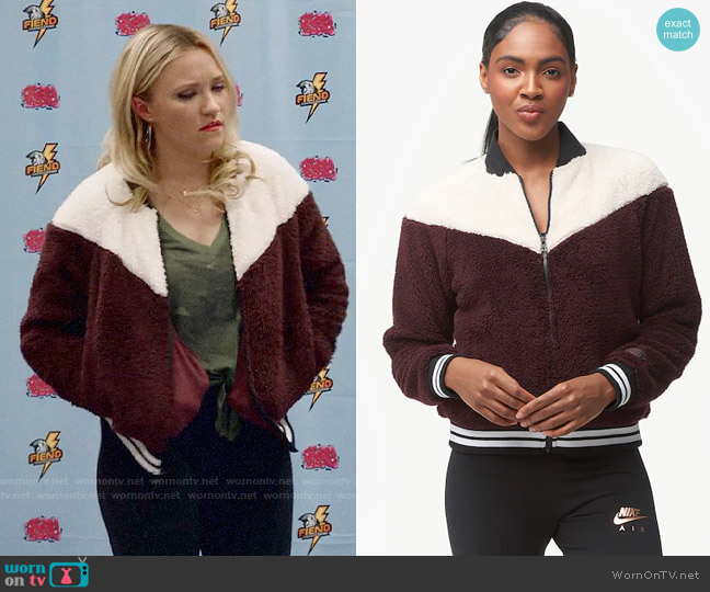 Nike Sherpa Bomber in Burgundy Crush/Desert Sand worn by Roxy Doyle (Emily Osment) on Almost Family
