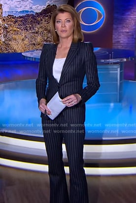 Norah’s navy pinstripe suit on CBS Evening News