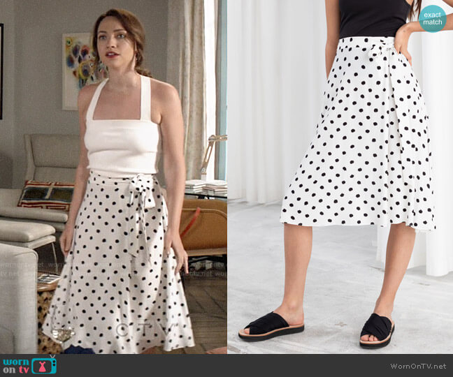 & Other Stories Belted Polka Dot Midi Skirt worn by Cara Bloom (Violett Beane) on God Friended Me