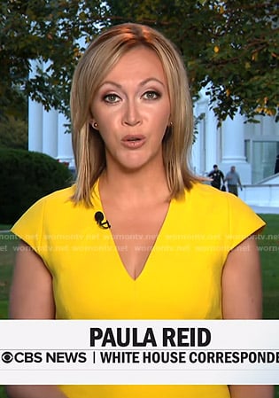 Paula’s yellow v-neck cap sleeve dress on CBS This Morning