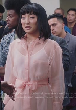 Mei’s pink sheer tie waist dress on Sunnyside
