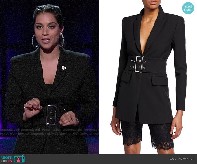 Pinko Two-Button Boyfriend Blazer with Wide Belt worn by Lilly Singh on A Little Late with Lilly Singh