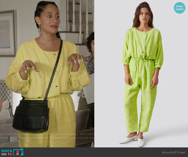 Rachel Comey Holt Jumpsuit in Lime Heavy Linen worn by Rainbow Johnson (Tracee Ellis Ross) on Black-ish