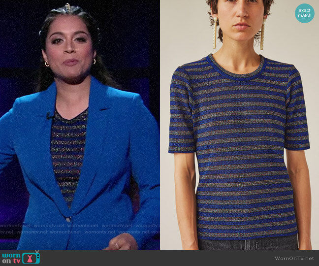 Rachel Comey Booth Tee in Glitter Stripe worn by Lilly Singh on A Little Late with Lilly Singh