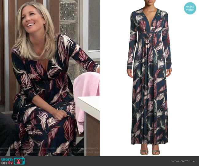 Rachel Pally Long-Sleeve Feather-Print Long Caftan Dress worn by Carly Spencer (Laura Wright) on General Hospital