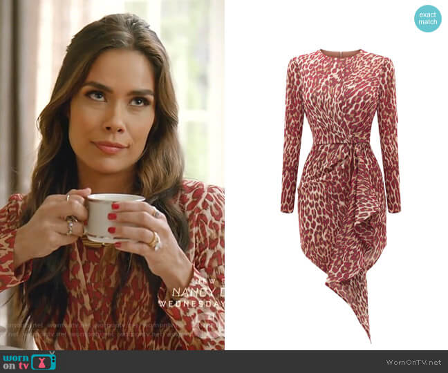 Rasario Draped Leopard Print Chiffon Mini Dress worn by Cristal Jennings (Daniella Alonso) on Dynasty