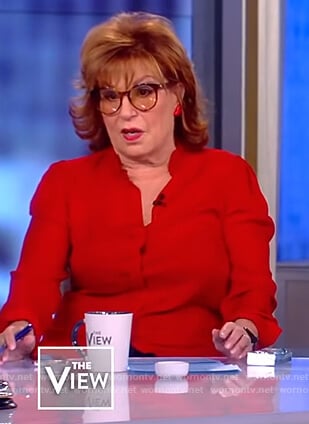 Joy’s red ruffle neck blouse on The View