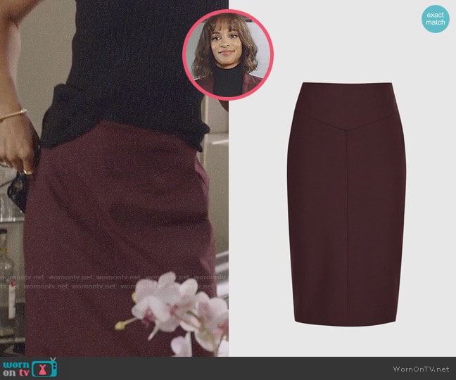 Reiss Lissia Skirt in Berry worn by Edie Palmer (Megalyn Echikunwoke) on Almost Family