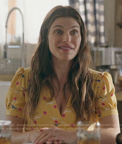 Rio’s yellow bird print dress on Bless This Mess