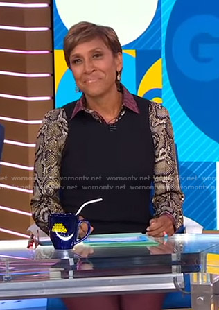Robin’s snake print blouse and burgundy pants on Good Morning America