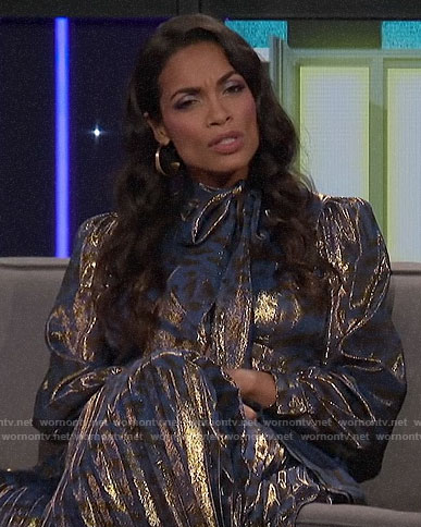 Rosario Dawson’s metallic tie neck maxi dress on A Little Late with Lilly Singh