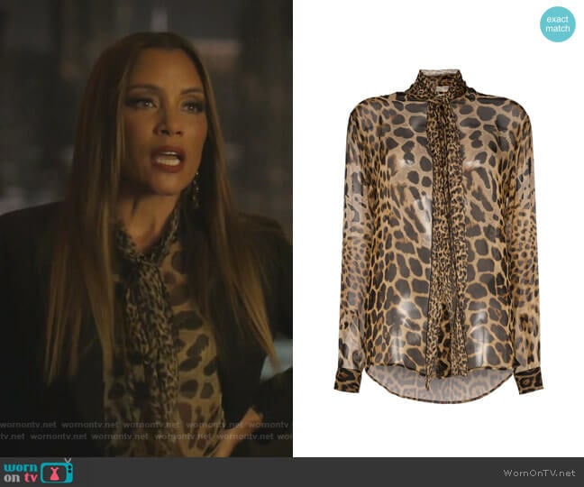 Saint Laurent Tie-Neck Leopard-Print Blouse worn by Dominique Deveraux (Michael Michele) on Dynasty