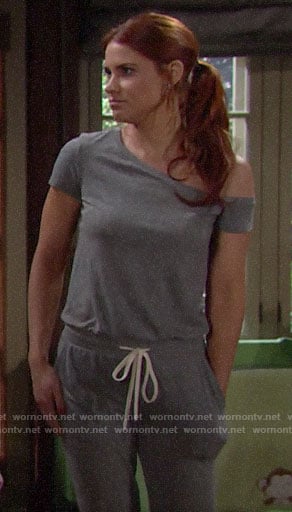 Sally’s grey off shoulder jumpsuit on The Bold and the Beautiful