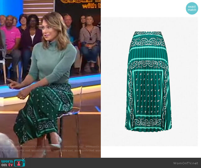 Sandro Pleated Printed Satin-Twill Midi Skirt worn by Ginger Zee on Good Morning America