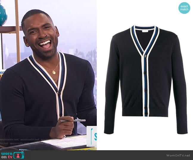 Sandro Contrast Long-Sleeve Cardigan worn by Justin Sylvester on E! News