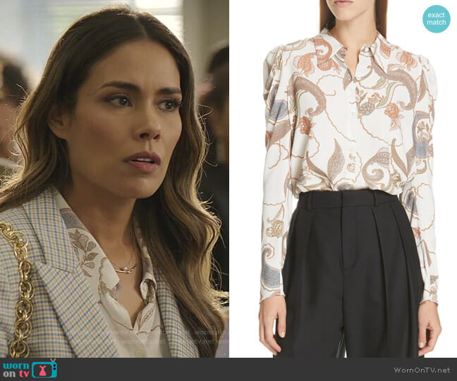 See by Chloe Paisley Puff Sleeve Blouse worn by Cristal Jennings (Daniella Alonso) on Dynasty