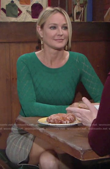 Sharon’s green pointelle sweater on The Young and the Restless