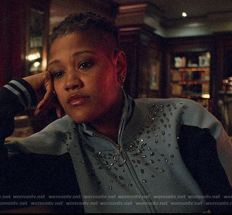 Skye’s blue embellished track jacket on The Politician
