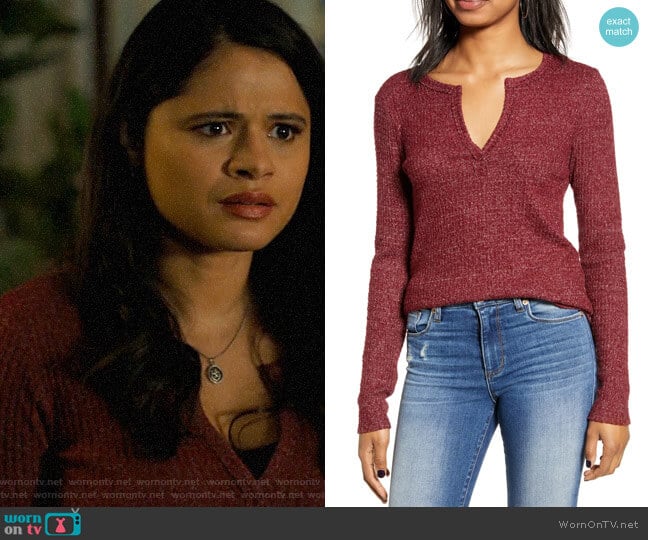 Socialite Long Sleeve Thermal Henley Top in Red Rhubarb worn by Mel Vera (Melonie Diaz) on Charmed