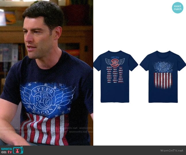 REO Speedwagon Blue 2019 Flag Tee worn by Dave Johnson (Max Greenfield) on The Neighborhood