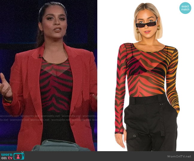 Superdown Trina Mesh Bodysuit in Tiger Multi worn by Lilly Singh on A Little Late with Lilly Singh