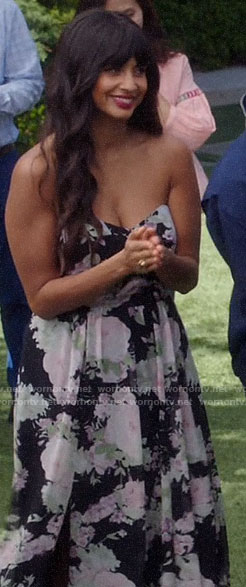 Tahani’s black floral strapless maxi dress on The Good Place