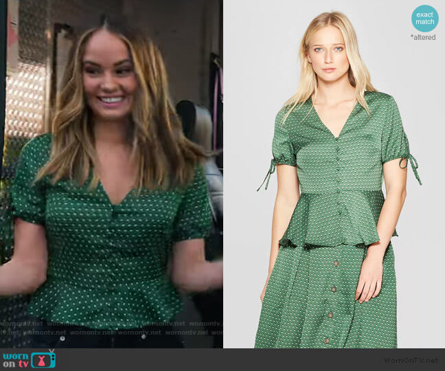 Who What Wear Short Tie Sleeve V-Neck Button Detail Peplum Top worn by Patty Bladell (Debby Ryan) on Insatiable