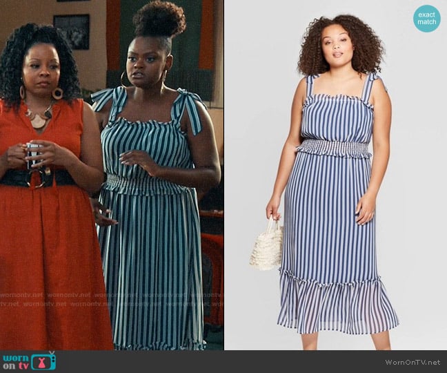 Who What Wear Sleeveless Square Neck Shoulder Tie Column Midi Dress worn by Leanne (Shanice Williams) on Perfect Harmony