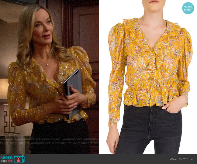 The Kooples Feuille D'or Ruffled Floral Silk-Blend Top worn by Donna Logan (Jennifer Gareis) on The Bold and the Beautiful