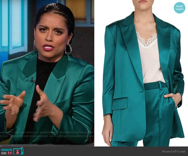 The Kooples Satin Blazer in Green worn by Lilly Singh on A Little Late with Lilly Singh