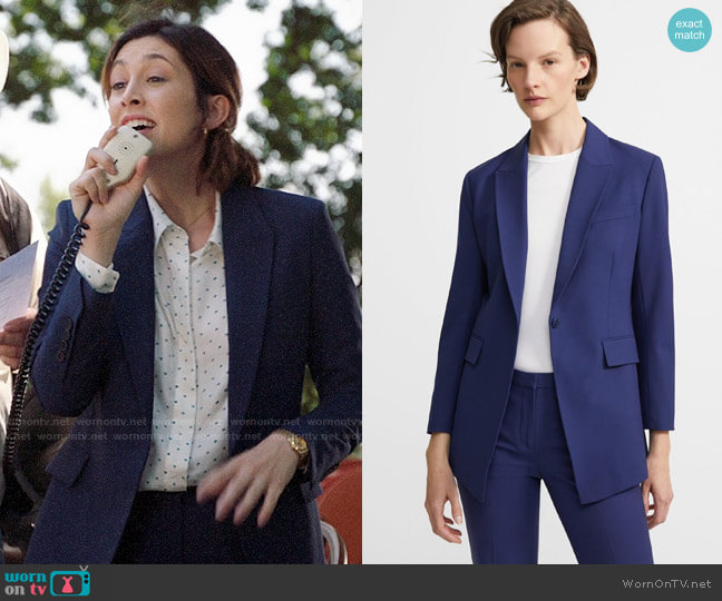 Theory Etiennette Blazer in Sea Blue worn by Sydney Strait (Caitlin McGee) on Bluff City Law