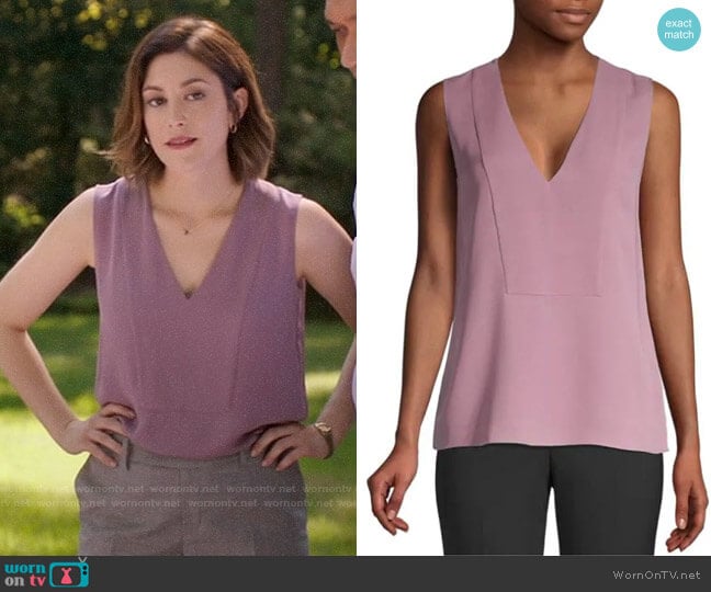 Theory Silk V-neck Shell in Lilac worn by Sydney Strait (Caitlin McGee) on Bluff City Law