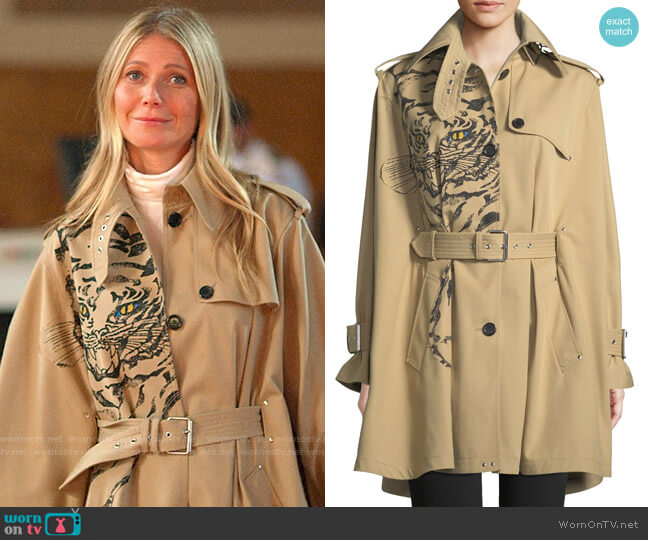 Valentino Long-Sleeve Tiger-Print Cotton Gabardine Cape Jacket worn by Georgina Hobart (Gwyneth Paltrow) on The Politician