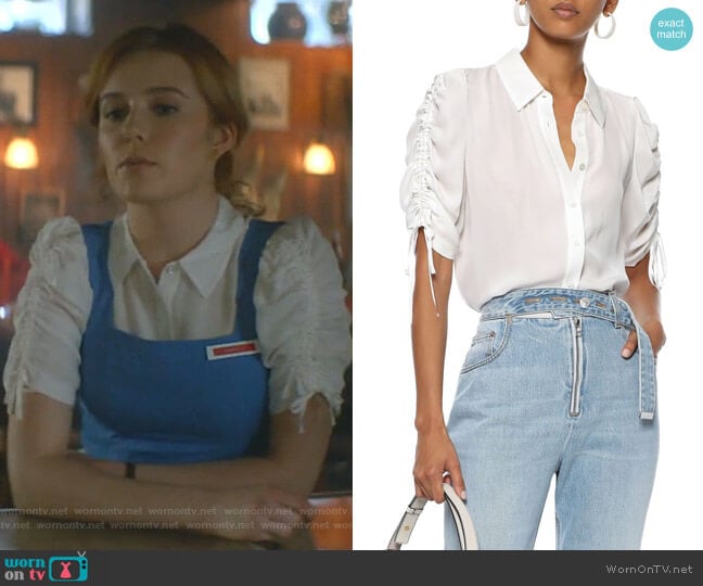 Veronica Beard Carmine Silk Ruched Sleeve Blouse worn by Nancy Drew (Kennedy McMann) on Nancy Drew