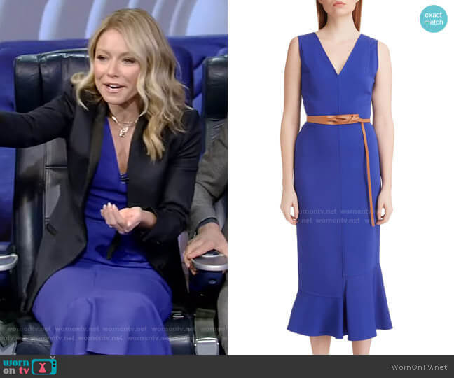 Victoria Beckham Ruffle Hem Belted Midi Dress worn by Kelly Ripa on Live with Kelly and Mark